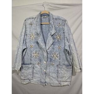 Y2K Monique Fashions Acid Wash Denim Jacket 2XL Embellished Bejewled Gem Boho